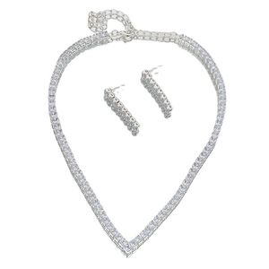 Sparkling silver-toned zirconia necklace and earrings set with elegant V-shaped design
