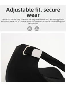 Detail of black baseball cap showing adjustable silver buckle and woven strap for sizing