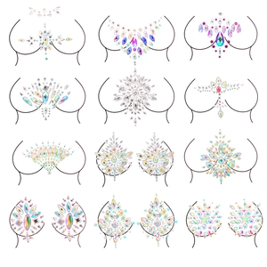 Grid view of twelve colorful acrylic rhinestone nipple pasties for festival makeup