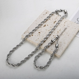 Polished silver 18K plated stainless steel twisted rope chain necklace and bracelet set
