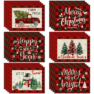 Detailed view of six Christmas placemats featuring reindeer and snowflake fabric textures