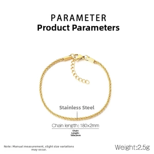 Détails du bracelet chaîne en acier doré 180x2mm montrant les dimensions et le poids