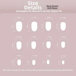 Detailed size chart for short round press-on nails showing 12 sizes with measurements