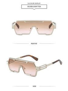 Futuristic silver metal wrap sunglasses with tea gradient lenses shown in front and side views
