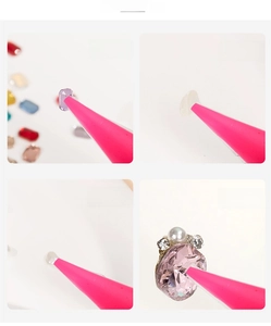 Macro detail of pink wax pencil picking up flatback nail rhinestones and pearls