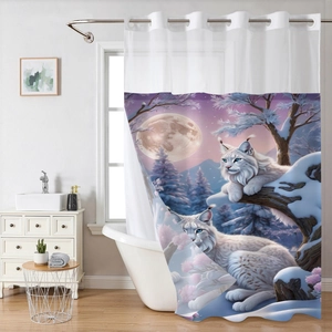 Close-up of shower curtain featuring artistic white lynx illustration and silver metal eyelets