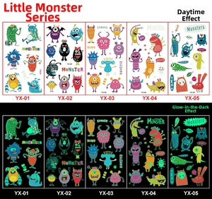 Luminous monster tattoo stickers for kids showing daytime colors and night glow effect