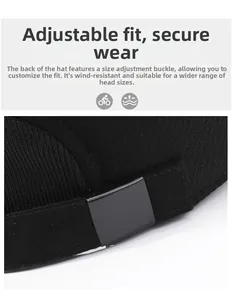 Close-up of the adjustable metal buckle on the black wool baseball cap for custom fit