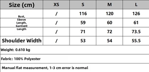 Size chart for casual plaid jacket with detailed measurements in cm for sizes S to L