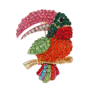 Vintage parrot brooch with colorful rhinestones on a gold-plated base for women