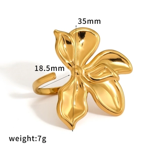 Gold 18k plated stainless steel open ring featuring a large three-petal flower design