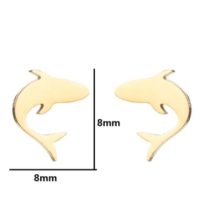 Minimalist golden shark stud earrings in stainless steel measuring 8mm x 8mm on white background