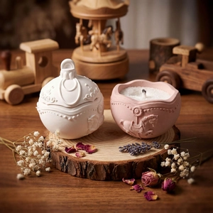 Carousel storage jar and pink embossed candle set on rustic wood for DIY gift decor