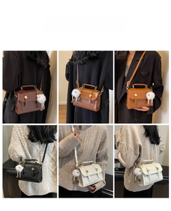 Collage of four vintage PU leather crossbody bags with plush bunny charms in various colors