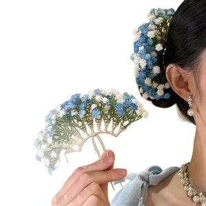 Elegant blue and white floral hair pin with gold metal base for women hairstyles