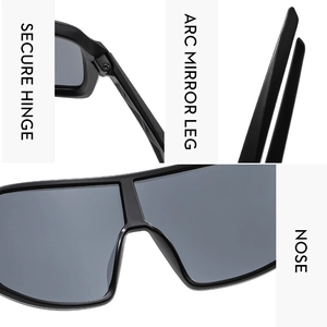 Detail shots showing the secure hinge, ergonomic arc legs, and nose pads of sport sunglasses