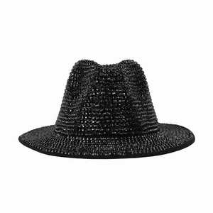 Elegant black fedora hat covered in sparkling rhinestones for parties and stage shows