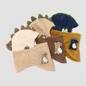 Warm fleece dinosaur hooded scarf for kids in multiple colors featuring 3D back fins