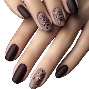Matte chocolate brown and floral leaf design square press-on nails for women