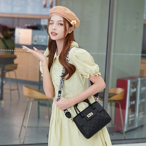 Chic black quilted handbag with gold hardware and stylish printed crossbody strap