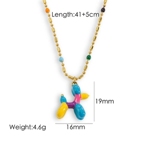 Colorful balloon dog pendant necklace in titanium steel with multi-color enamel and gold beads