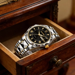 Detailed close-up of a luxury silver-gold quartz watch with a black dial and diamond markers
