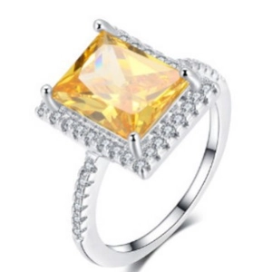 Elegant rectangle yellow zircon ring with halo diamond setting and silver band