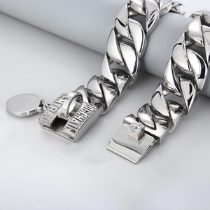 Polished silver stainless steel Cuban dog collar with heavy duty secure buckle