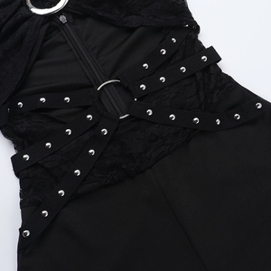 Detail of waist corset featuring lace patchwork, metal rings, and punk style buckles