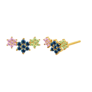 Luxury gold S925 flower stud earrings with pink, blue and green zircon gemstones