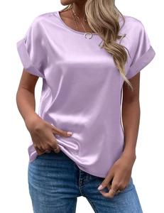 Detail of lavender satin short sleeve top with rolled cuffs and a classic crew neck