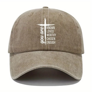 Vintage khaki cotton baseball cap with white cross and Christian faith printed text