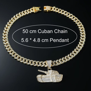 Close-up of iced-out tank pendant and 50cm golden Cuban chain for men's hip hop style