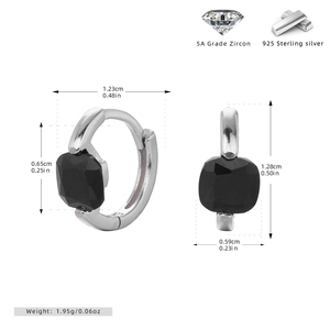 Detailed dimension guide for S925 silver earrings with square black zircon stones