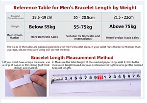 Mens tungsten steel bracelet size guide with wrist measurement instructions and chart