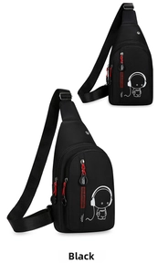 Detail of black waterproof chest bag featuring a luminous astronaut music print and red zipper pulls