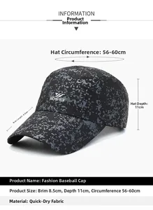 Diagramme technique détaillé de la casquette séchage rapide avec spécifications de taille