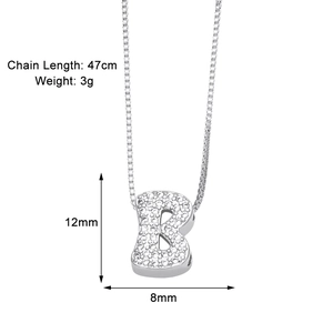 Letter B necklace detail showing 47cm chain length, 3g weight and 12mm x 8mm dimensions