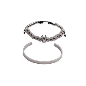 Men's titanium steel crown bead bracelet and silver brushed open bangle set