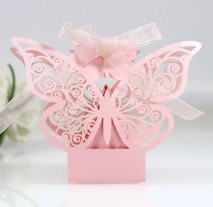 Close-up of laser-cut butterfly pattern and pink ribbon on pearlescent paper box