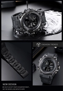 Close-up showing dual-display watch face and 30M waterproof testing in water spray