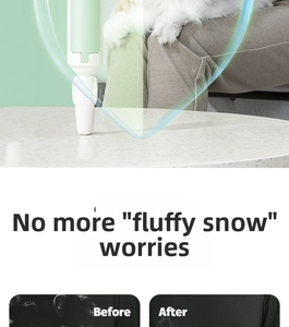 Detail of portable pet hair remover showing cleaning results on clothes and sofa surfaces
