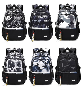 Detailed view of six black Oxford cloth backpacks featuring various unique graphic prints