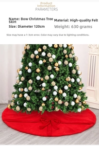 Detail of 120cm red felt Christmas tree skirt with green bows and 630g premium fabric