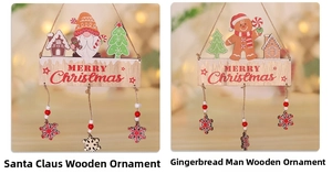Detail of wooden gnome and gingerbread man Christmas ornaments with Merry Christmas text