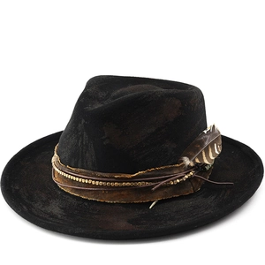 Western Cowboy Fedora Hut Distressed Filz Mit Feder Und Lederband Ethno Retro Breitkrempiger Jazz Hut Unisex