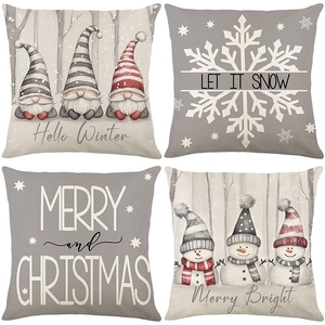 Set of 4 Christmas gnome and snowflake print square pillow covers in faux linen fabric