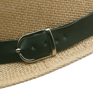 Classic summer straw jazz hat with detailed black leather band and silver metal buckle