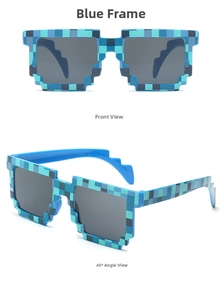 Close-up of blue and green pixelated mosaic sunglasses frame with jagged block design