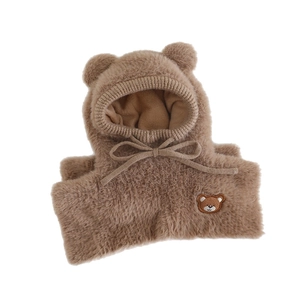 Brown faux fur kids hooded scarf with cute bear ears and adjustable drawstrings